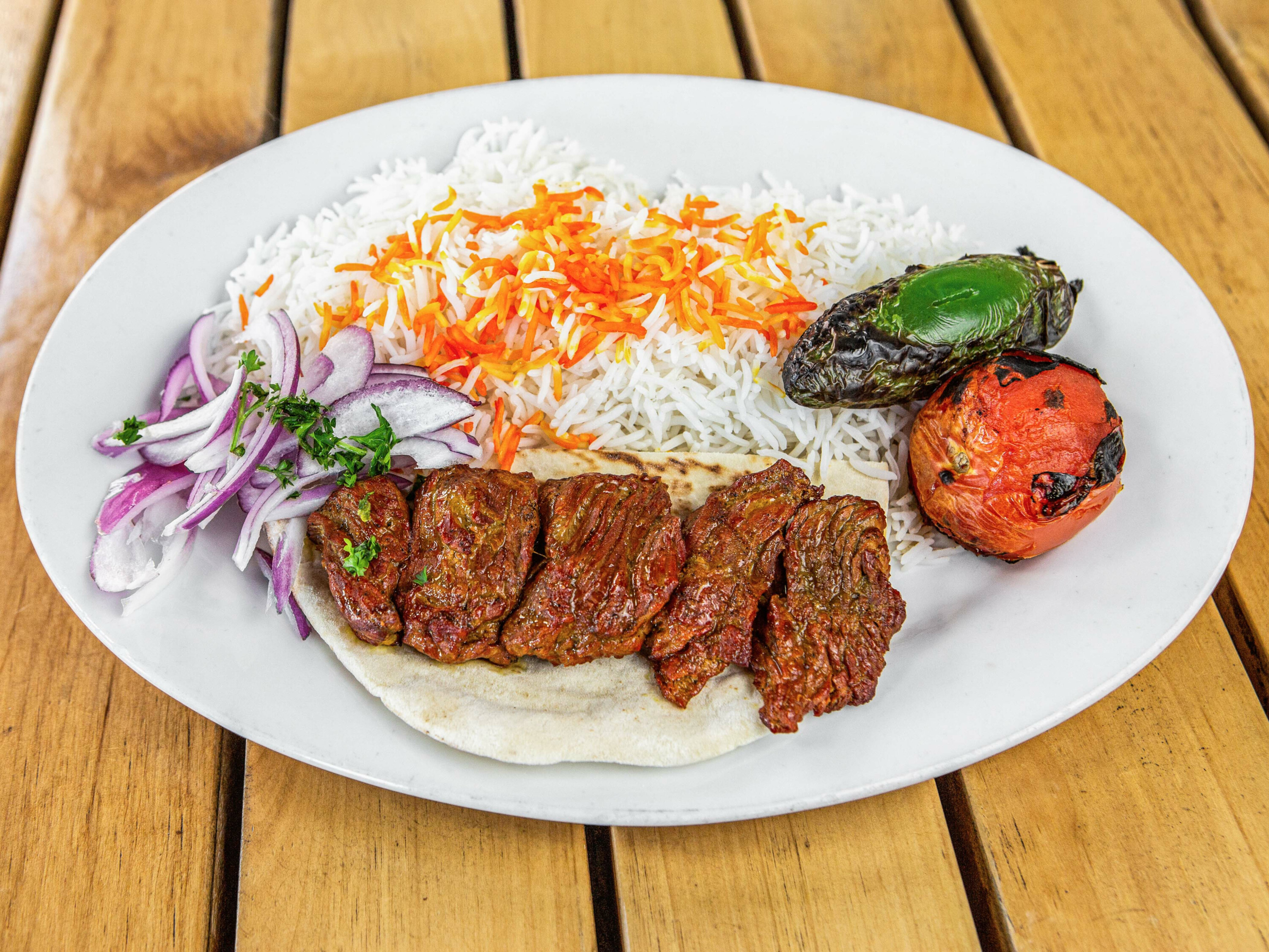 Order Beef Kabob Plate food online from The Mediterranean Kitchen store, Los Angeles on bringmethat.com