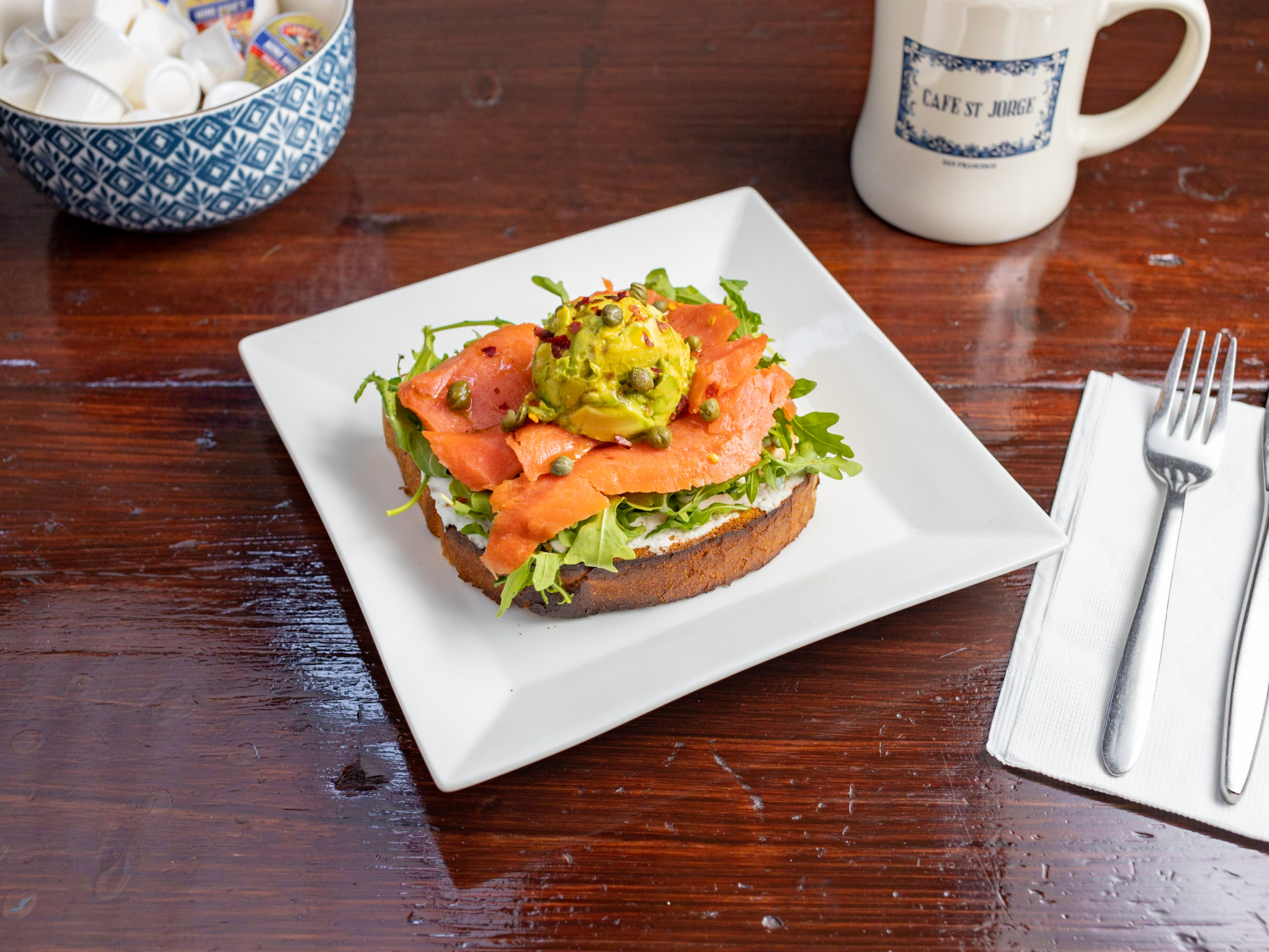 Order Smoked salmon toast food online from Cafe St Jorge store, San Francisco on bringmethat.com