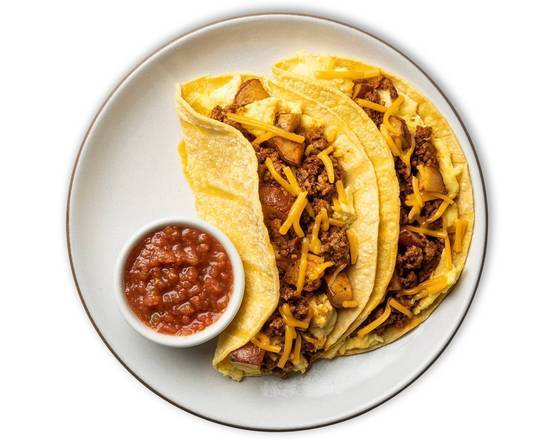 Order Chorizo and Potato Breakfast Tacos with Salsa Roja food online from Snap Kitchen store, Dallas on bringmethat.com