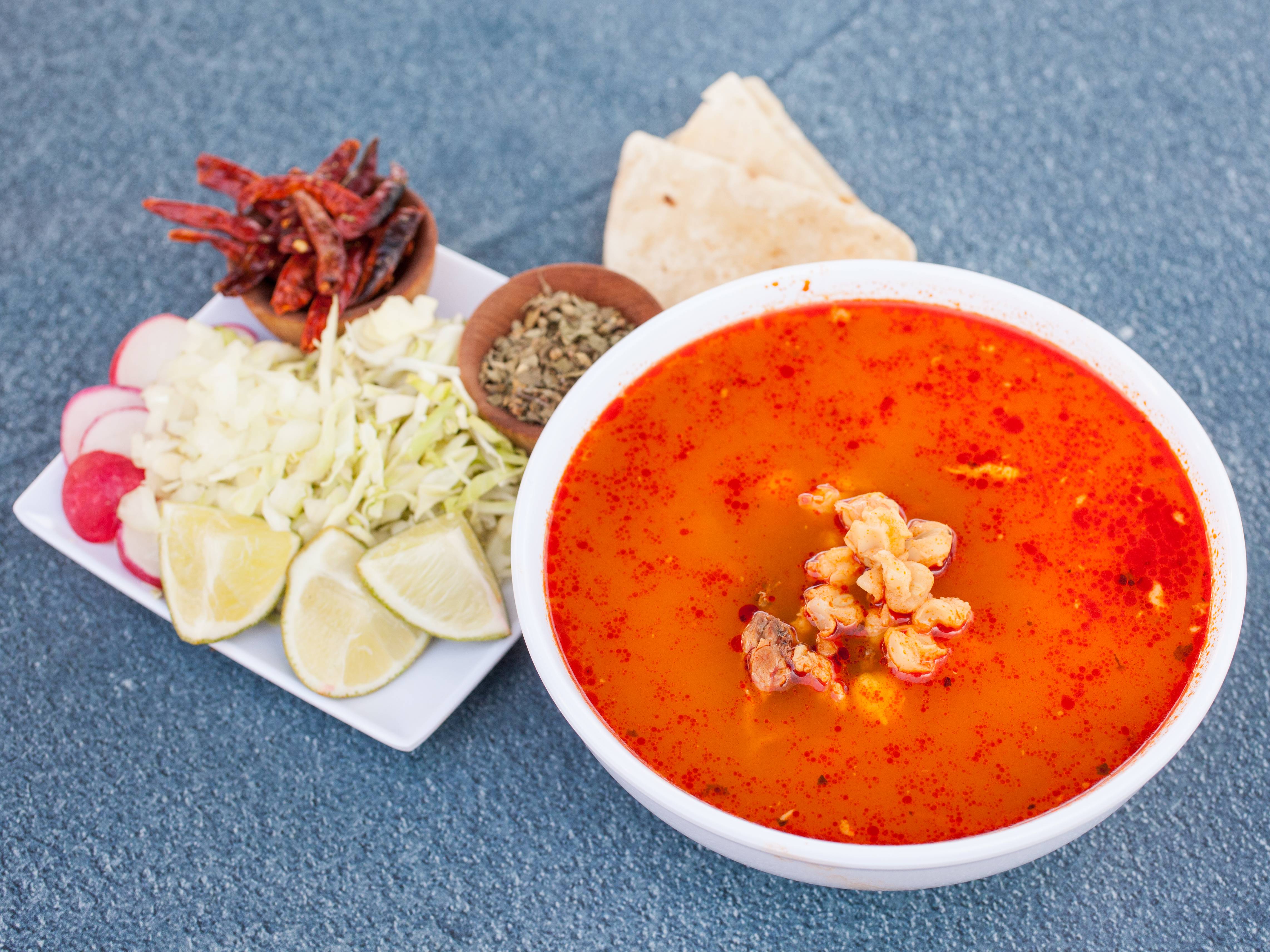 Order Pozole food online from Taqueria Y Mariscos Madrigal store, Chino on bringmethat.com