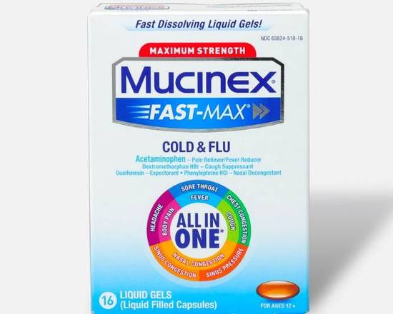 Order Mucinex Fast-Max Cold&Flu All In One 16 ct food online from McLean Ave Pharmacy store, Yonkers on bringmethat.com