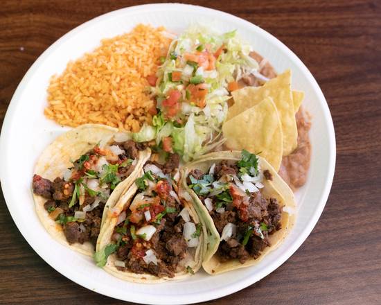 Order 3 Soft Tacos w/rice and beans plate food online from Durango Taco Shop store, Las Vegas on bringmethat.com