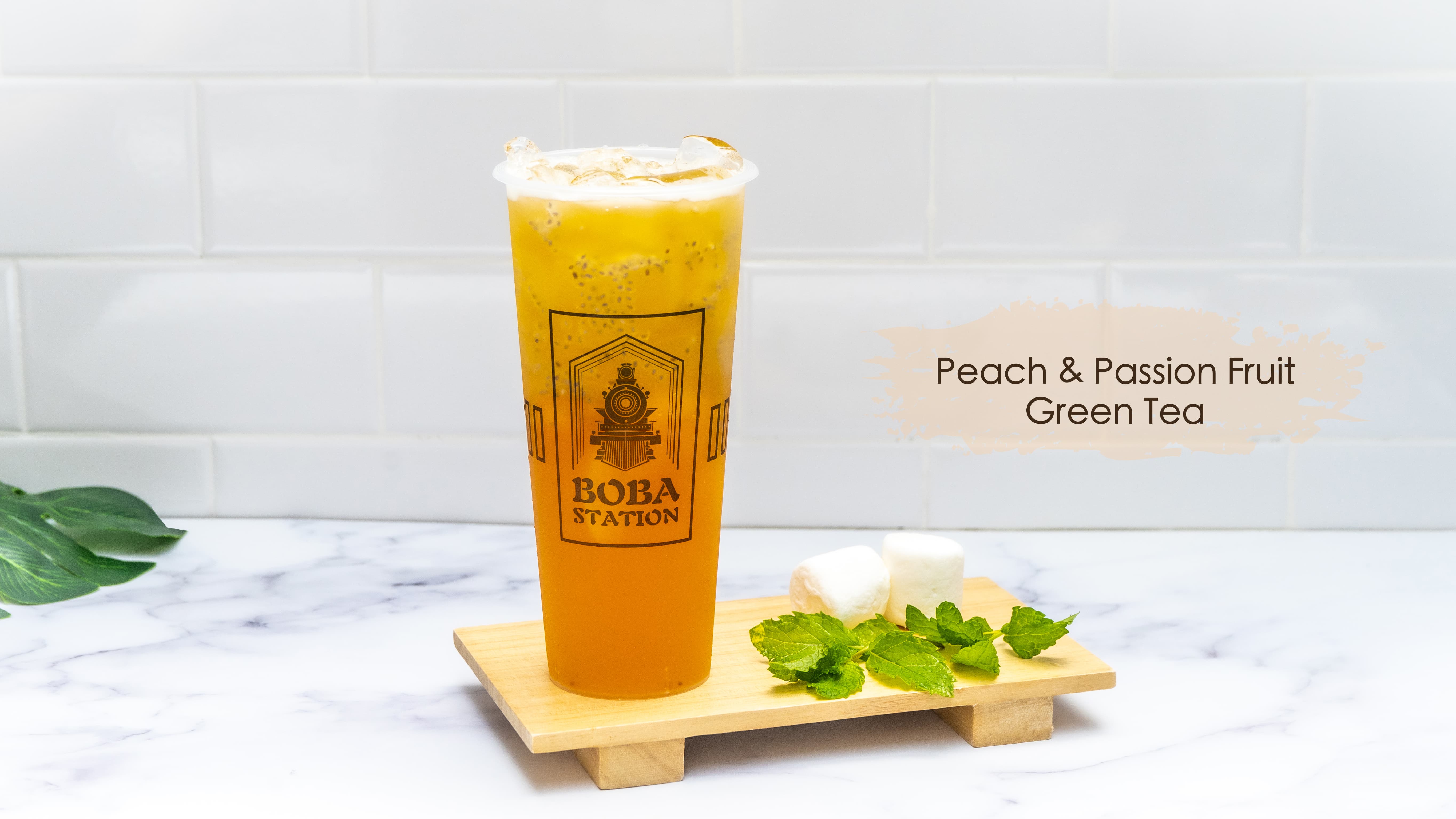 Order Peach and Passion Fruit Green Tea food online from Boba Station store, Riverside on bringmethat.com