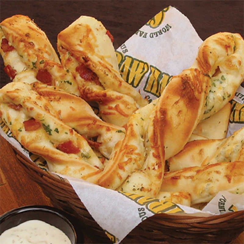 Order Bacon & Cheese Groovy Twists - 3 Pieces food online from Straw Hat Pizza store, Rancho Cordova on bringmethat.com