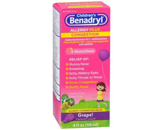 Order Benadryl Children's Allergy plus Congestion Liquid Grape Flavored food online from Scripx Pharmacy store, Plano on bringmethat.com