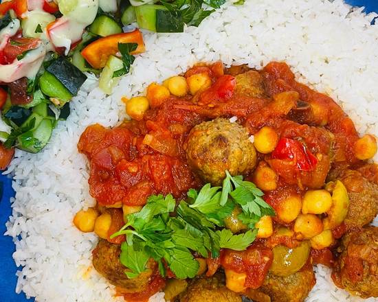 Order Moroccan meatball Tagin Kefta with tomato sauce (GF) food online from Java Dive Organic Cafe store, Bee Cave on bringmethat.com