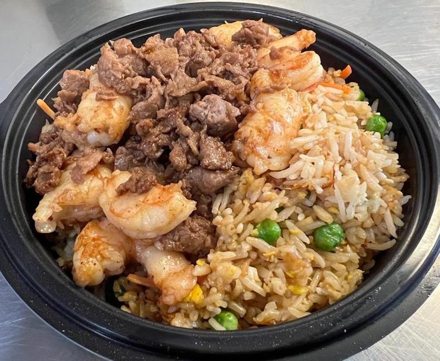 Order Steak and Shrimp Plate with Egg Fried Rice food online from Fresh Millions Restaurant store, San Ramon on bringmethat.com