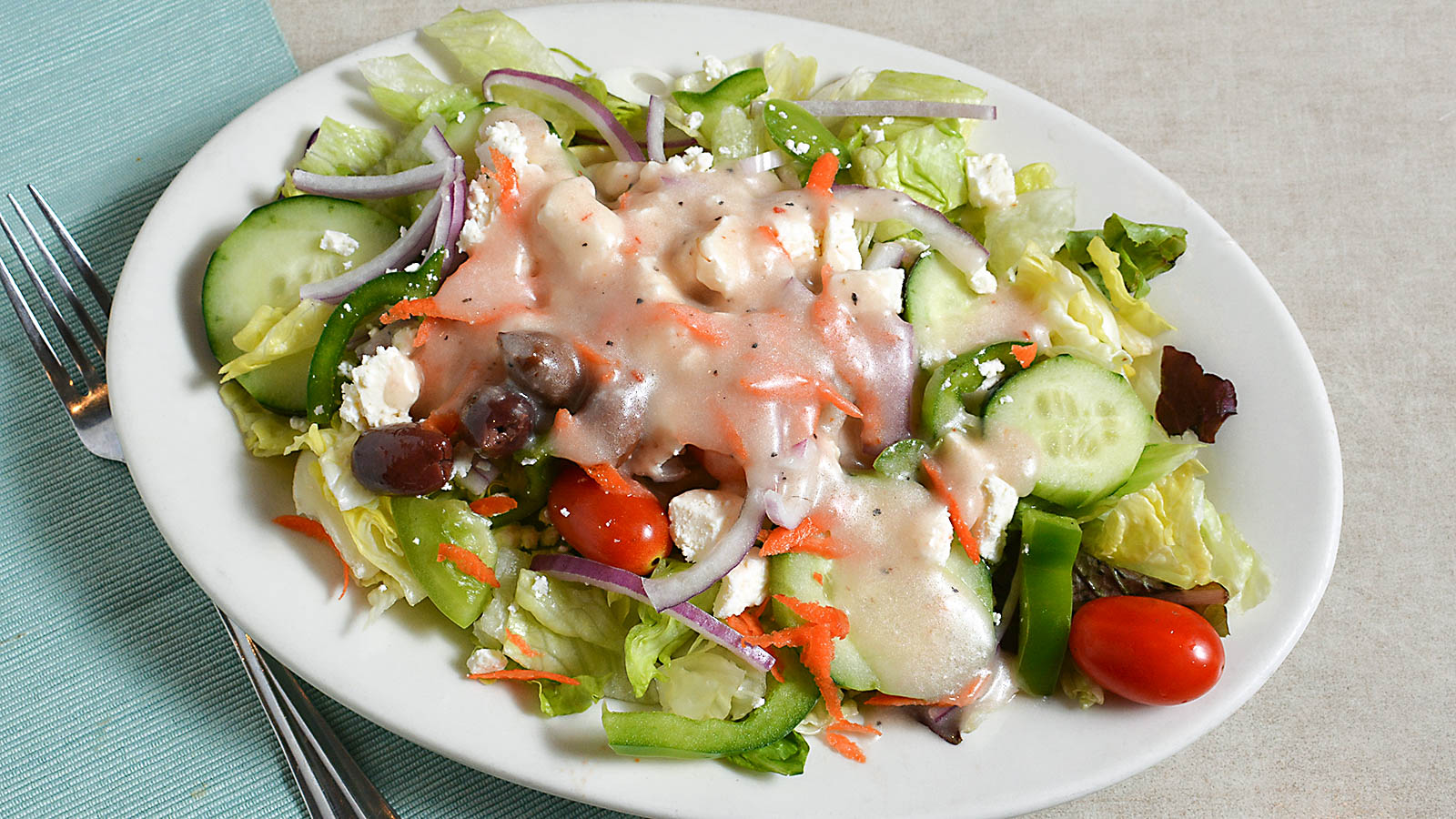 Order Greek Salad food online from Mario's Pizzeria store, Oyster Bay on bringmethat.com