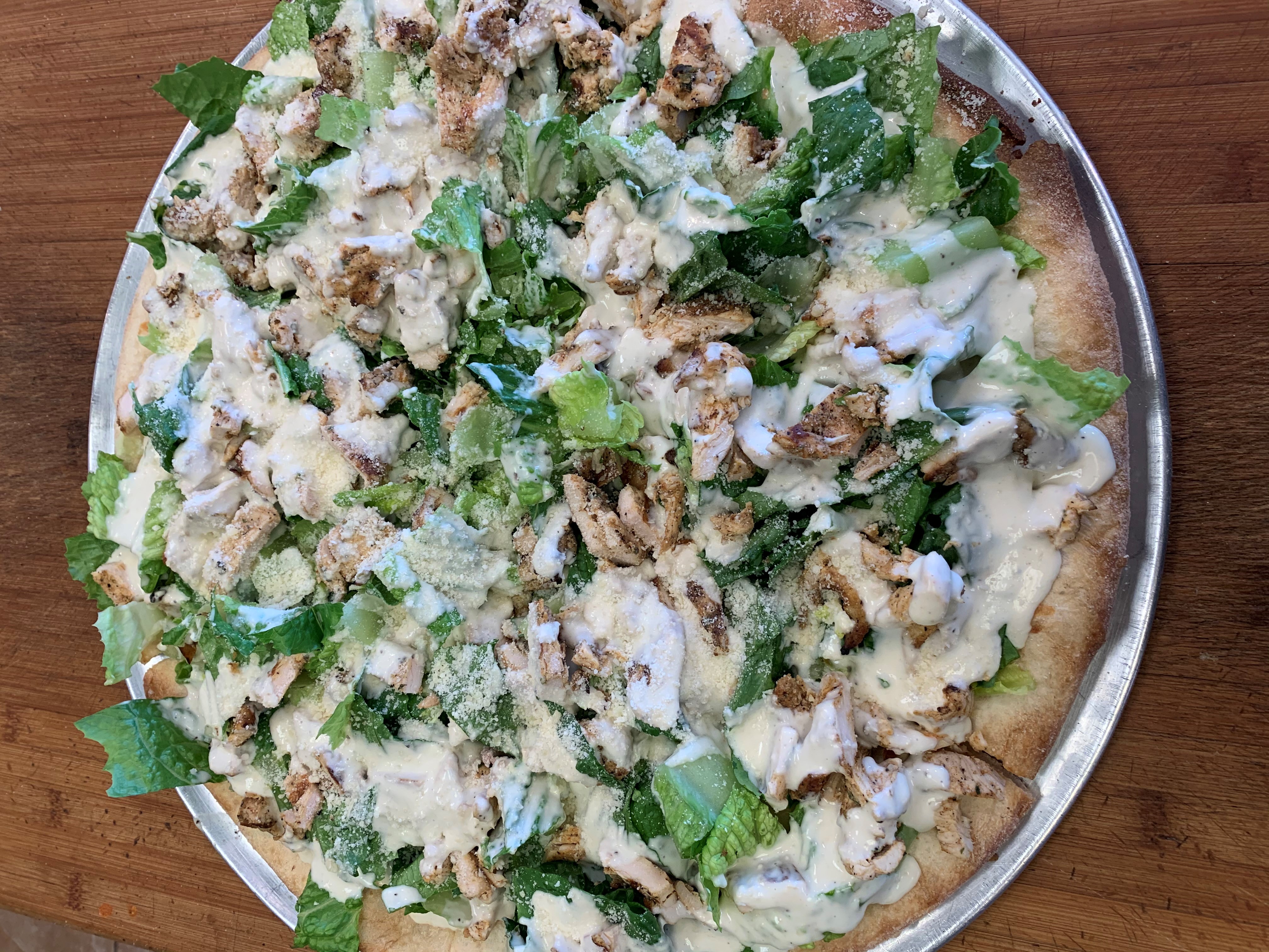 Order Chicken Caesar Salad Pizza food online from Benvenuti Italian Specialties & Catering store, Garwood on bringmethat.com