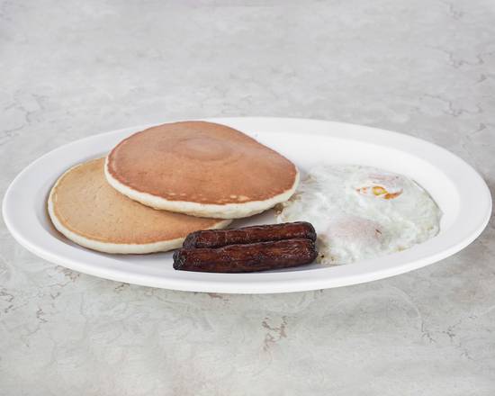 Order 21. Two Pancakes, 2 Eggs, 2 Sausages food online from Famous Cafe store, Carson on bringmethat.com