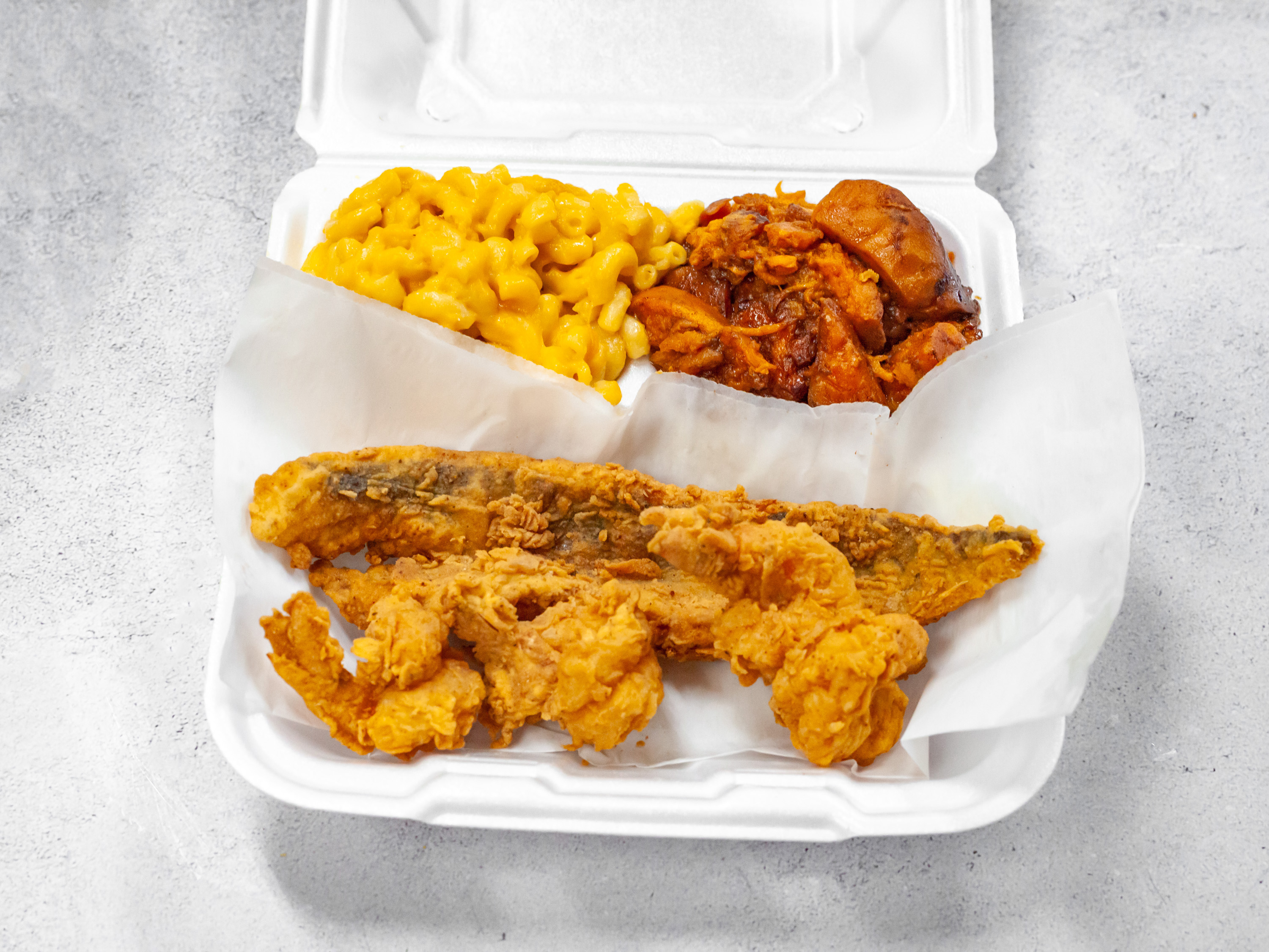 Order Fish and Shrimp Platter food online from AHKIIS SOULFOOD store, Atlantic City on bringmethat.com