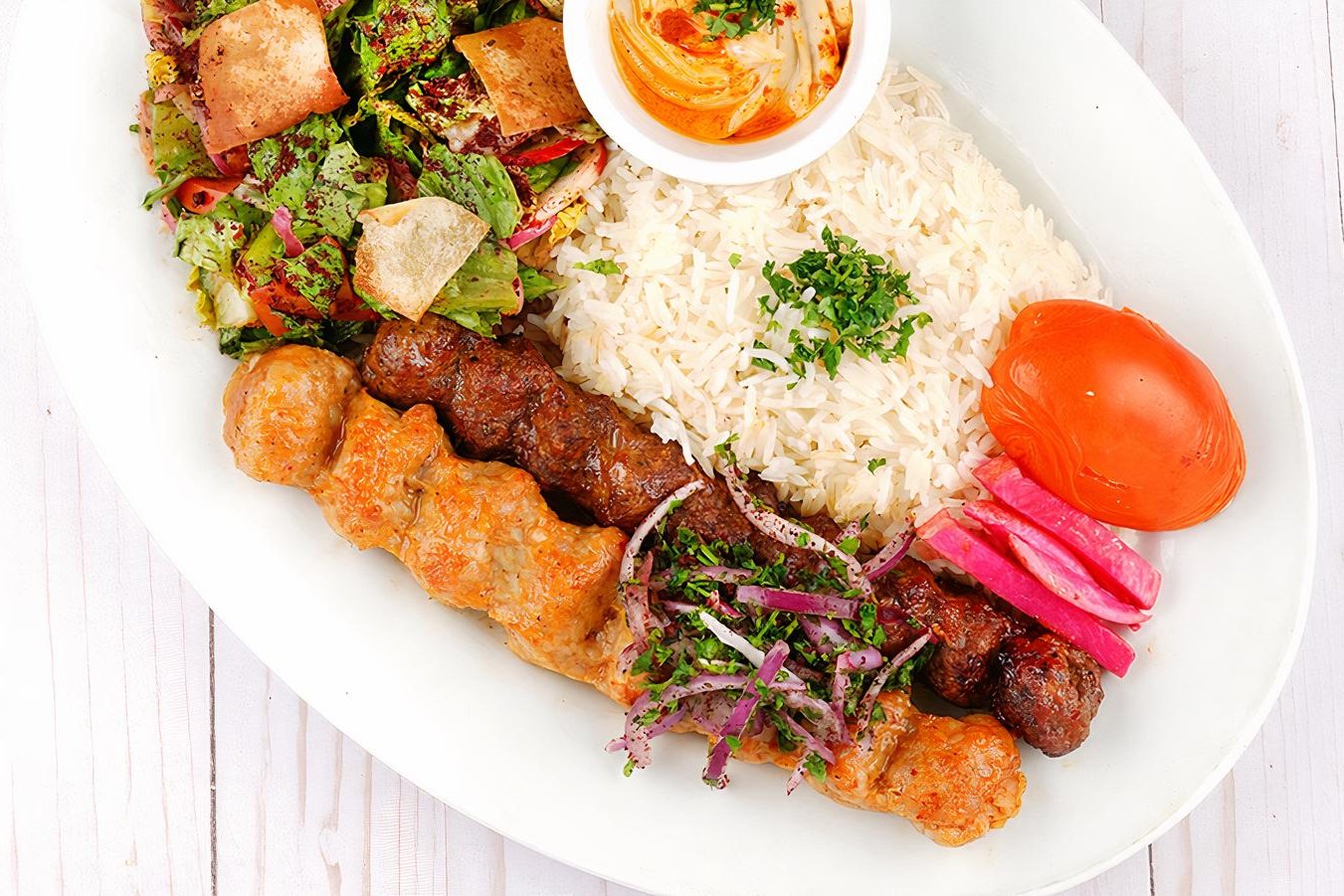 Order Chicken Luleh ＆ Beef Luleh  Combo  Plate food online from Tarme Mediterranean Grill store, Glendale on bringmethat.com