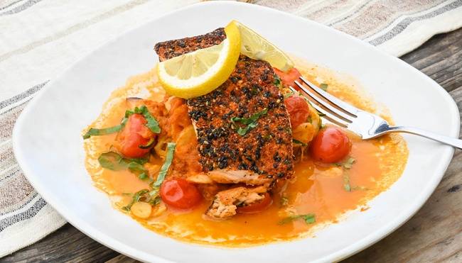 Order Salmon Pomadoro food online from Greenleaf Kitchen And Cocktails store, Costa Mesa on bringmethat.com