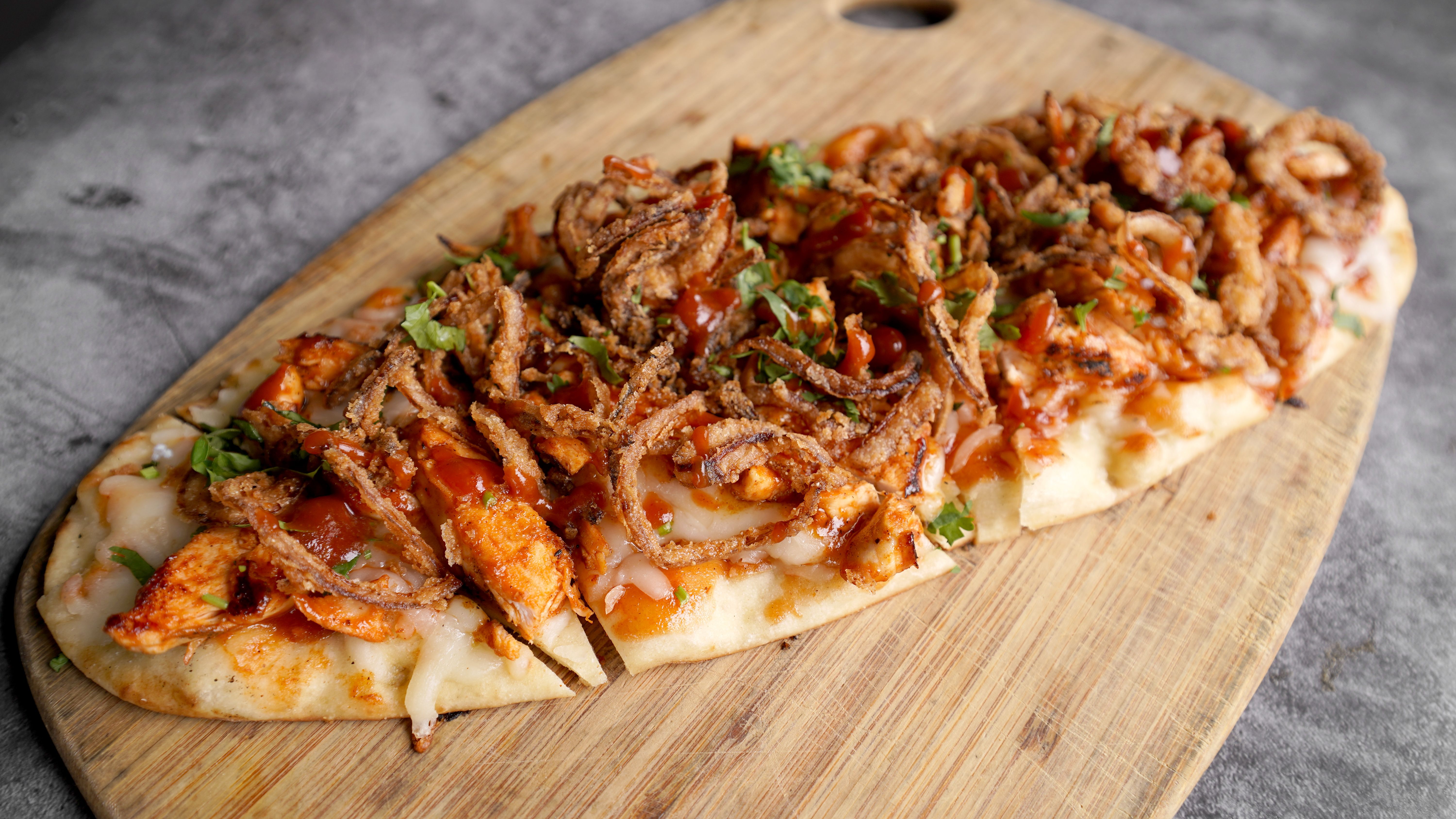 Order BBQ Chicken Flatbread food online from La Bowls And Breads store, Los Angeles on bringmethat.com