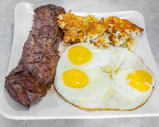 Order Skirt Steak with 3 Eggs food online from Masters Pancake House store, Chicago on bringmethat.com
