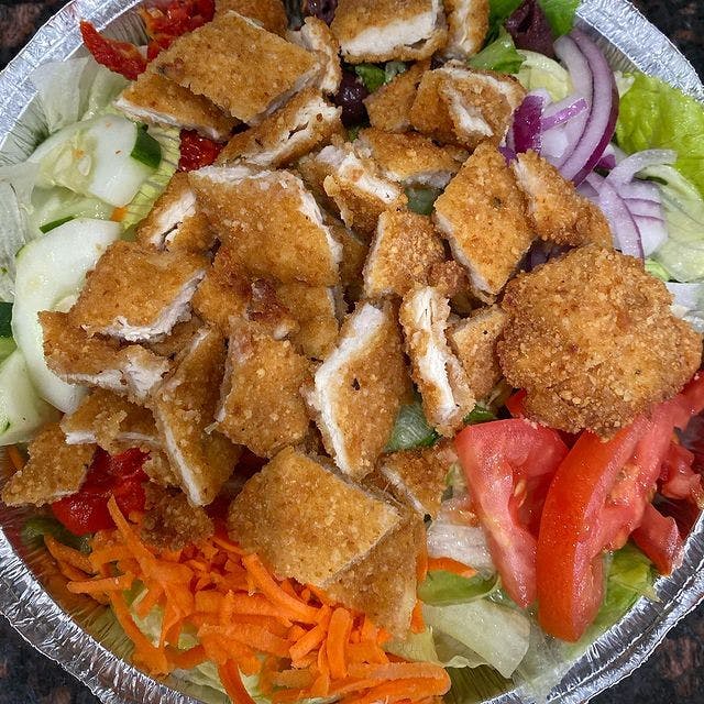 Order Chicken Cutlet Over Garden Salad - Salad food online from Cafe Amici store, South Brunswick on bringmethat.com