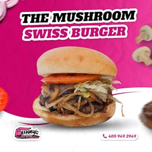 Order The Mushroom Swiss Burger food online from Bunny Onion Burgers store, Oklahoma City on bringmethat.com