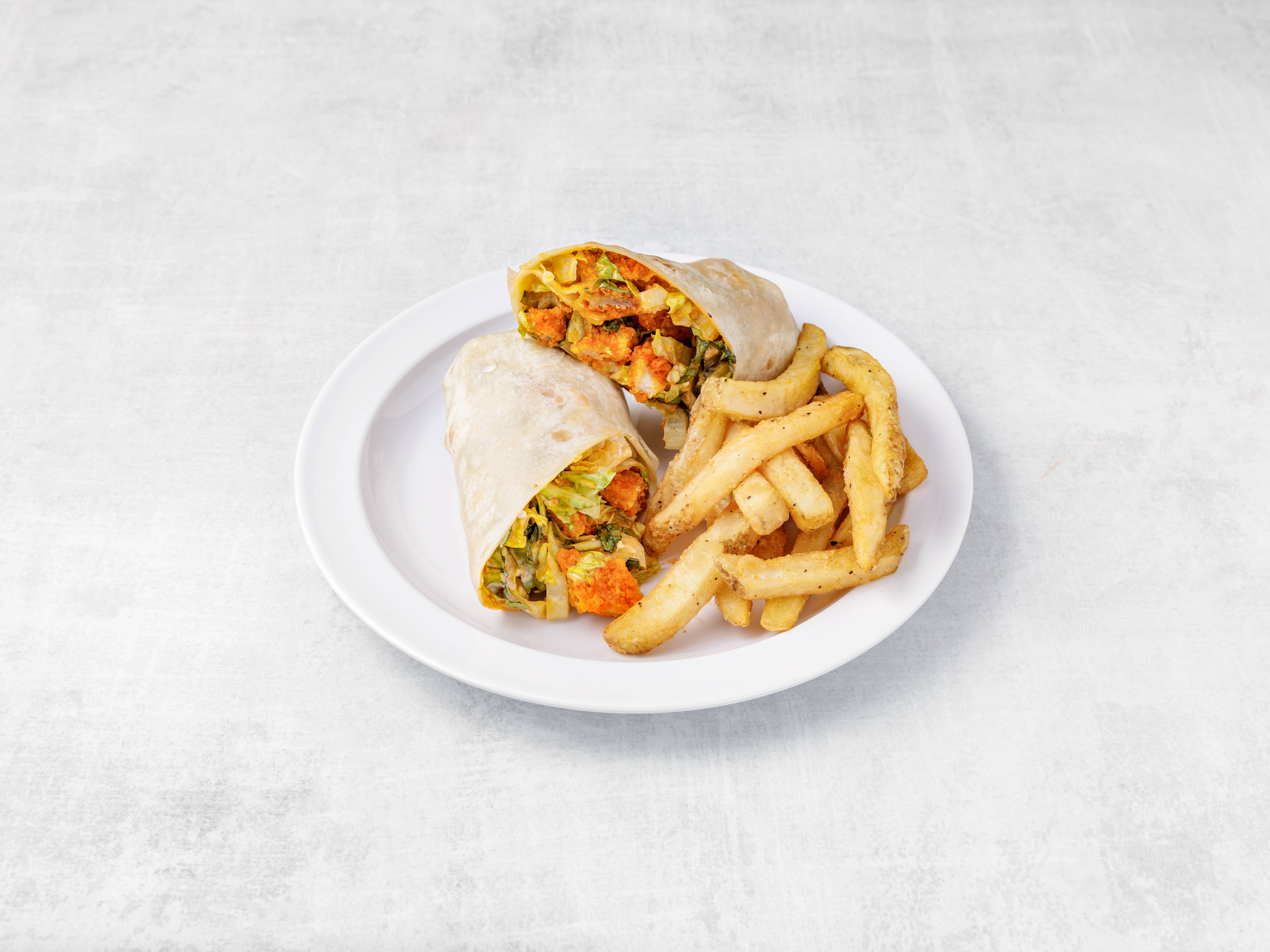 Order 1. Buffalo Chicken Wrap with French Fries food online from Volares Restaurant store, Rutherford on bringmethat.com