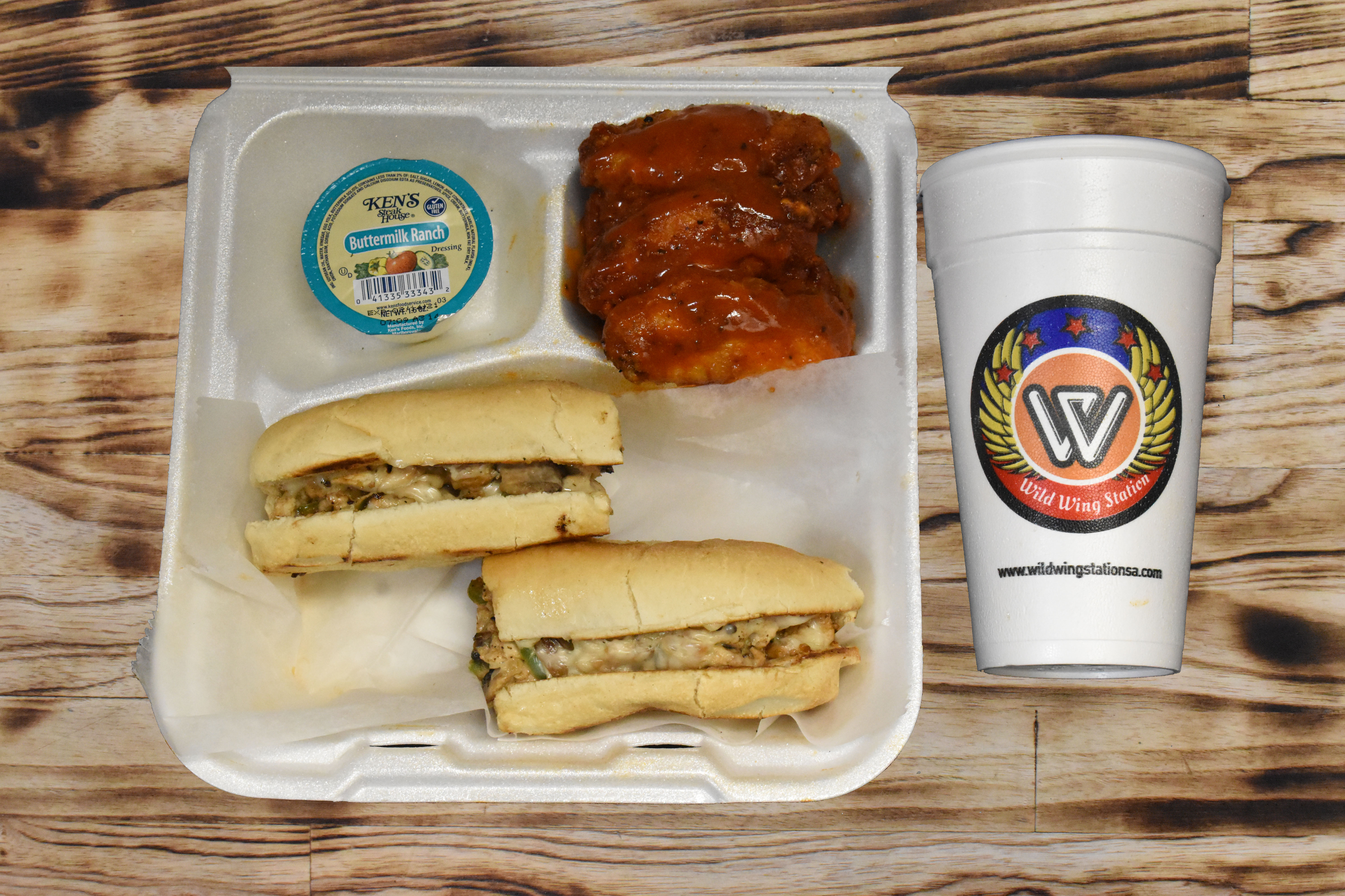 Order Philly with 5 Piece Wings and Drink food online from Wild Wing Station store, San Antonio on bringmethat.com