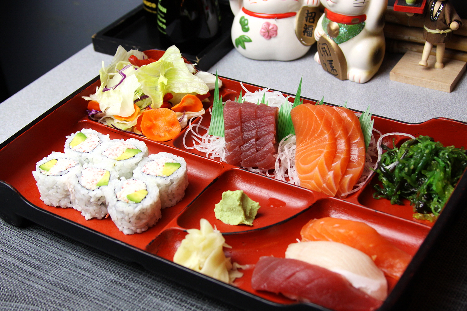 Order A. 6 Pieces Sashimi, 3 Pieces Nigiri, California Roll &Wakame food online from Kippu Japanese Cuisine store, San Francisco on bringmethat.com