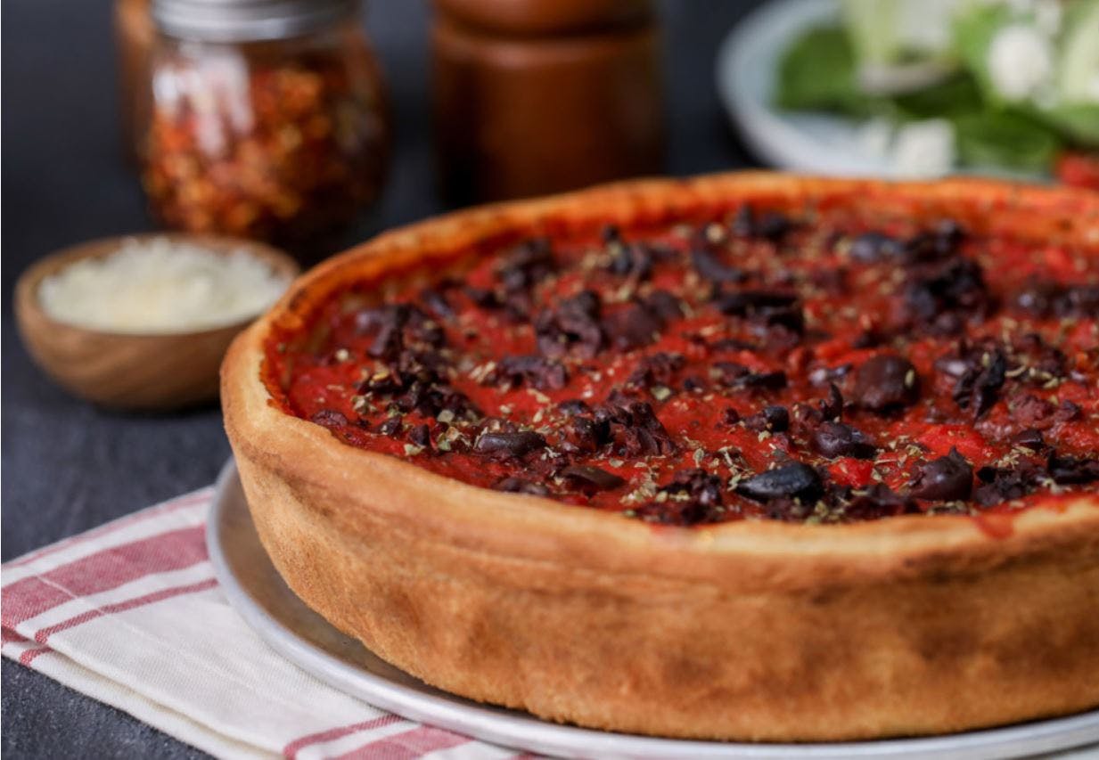 Order Deep Dish Greek Pizza - 10'' food online from Patxi's Chicago Pizza store, San Francisco on bringmethat.com