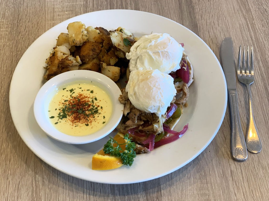 Order Pulled Pork Benedict food online from Mikayla's Cafe store, Santa Clara on bringmethat.com