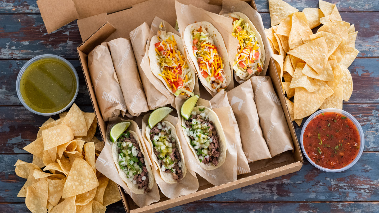 Order Taco Box with All-Natural Chicken Breast food online from Sharky's Woodfired Mexican Grill - Newport Coast store, Newport Coast on bringmethat.com