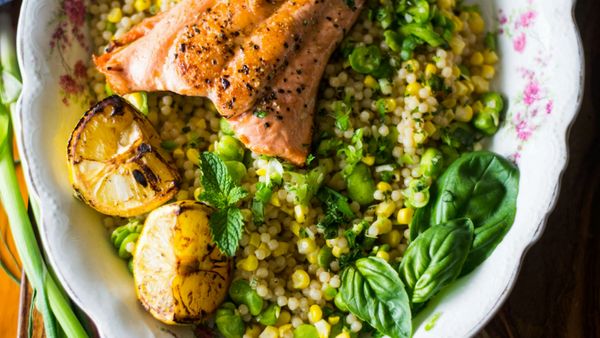 Order Grilled Salmon with Charred Lemon and Israeli Couscous food online from The Spice Of Life Catering store, Carrollton on bringmethat.com