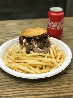 Order Special lamb gyroburger with french fries and can soda food online from Soup & Gyro store, New York on bringmethat.com