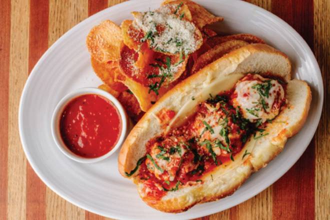 Order Meatball Sub - available until 3pm food online from Pinstripes store, South Barrington on bringmethat.com