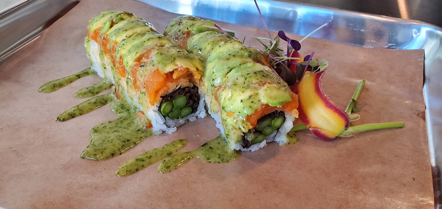 Order Spicy salmon asparagus roll food online from Ebisu Ramen And Sushi store, Denver on bringmethat.com