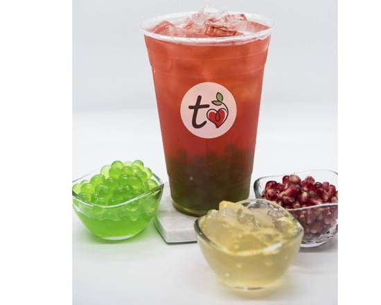 Order Pomegranate & Hibiscus Juice (w/ green apple popping boba & aiju jelly) food online from Tealove store, Fontana on bringmethat.com