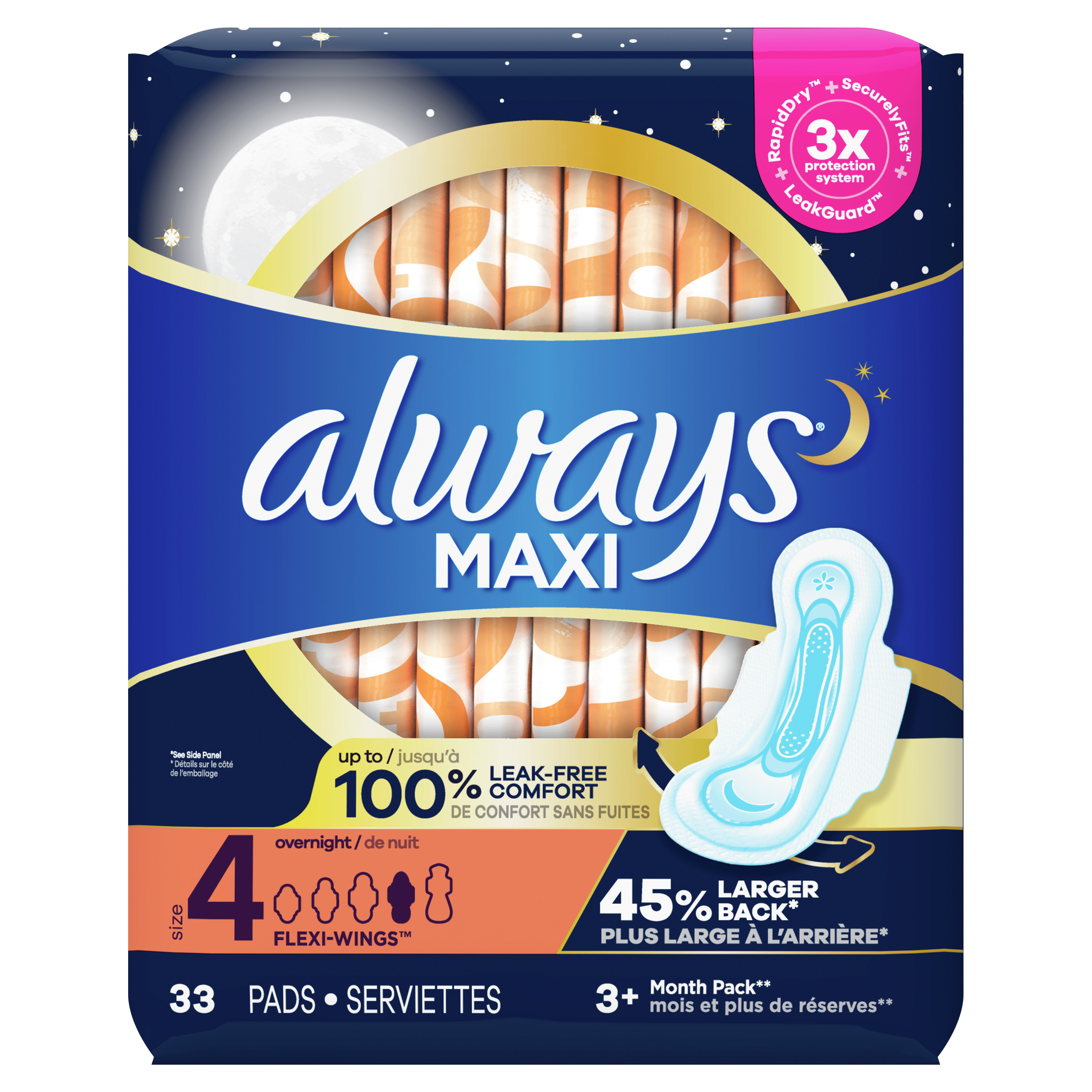 Order Always Maxi Pads with Flexi-Wings - Overnight, Unscented, Size 4, 33 ct food online from Bartell store, Edmonds on bringmethat.com
