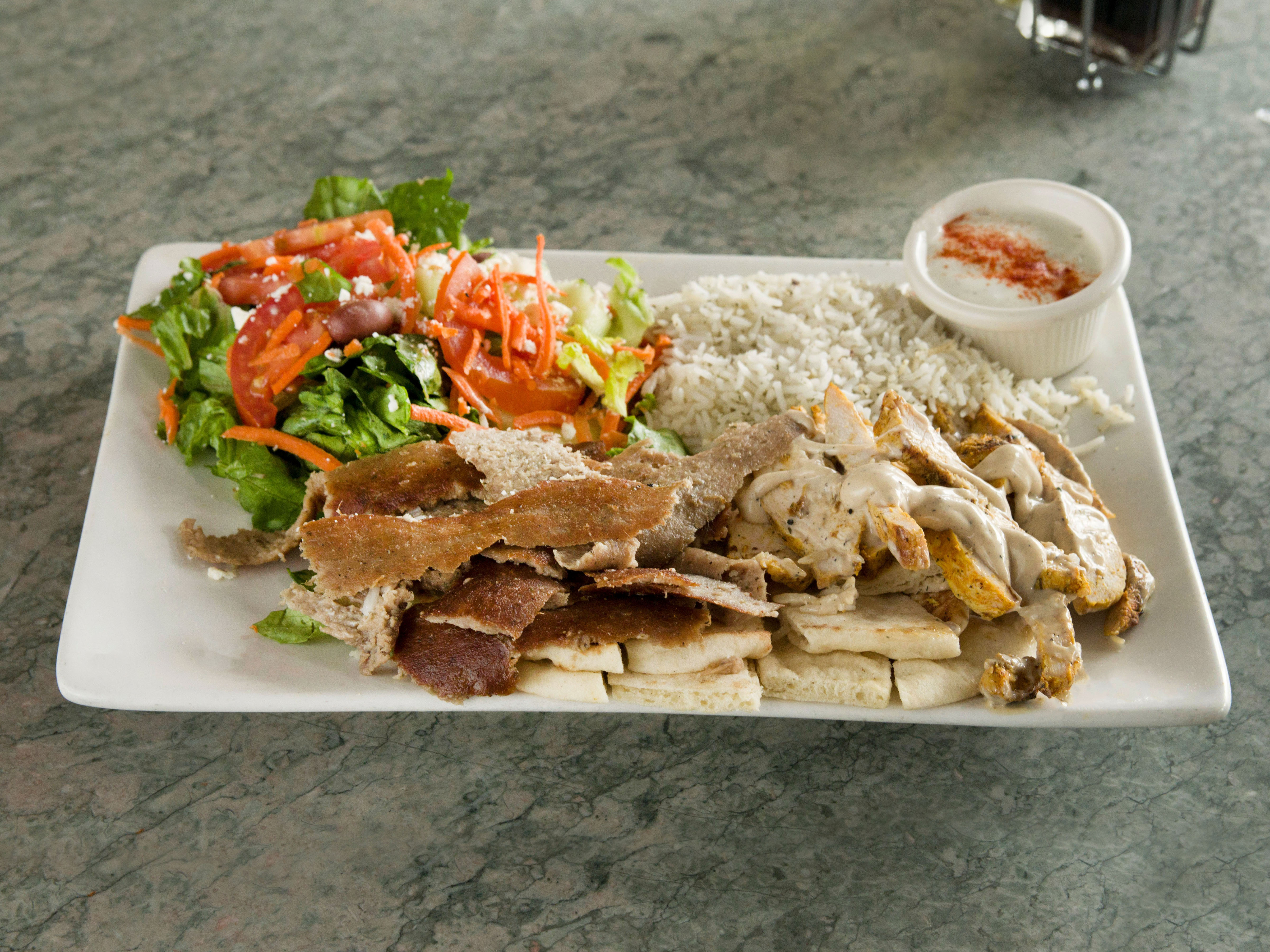 Order Chicken Shawarma and Gyros Combo Plate food online from Mediterranean Cafe store, San Diego on bringmethat.com