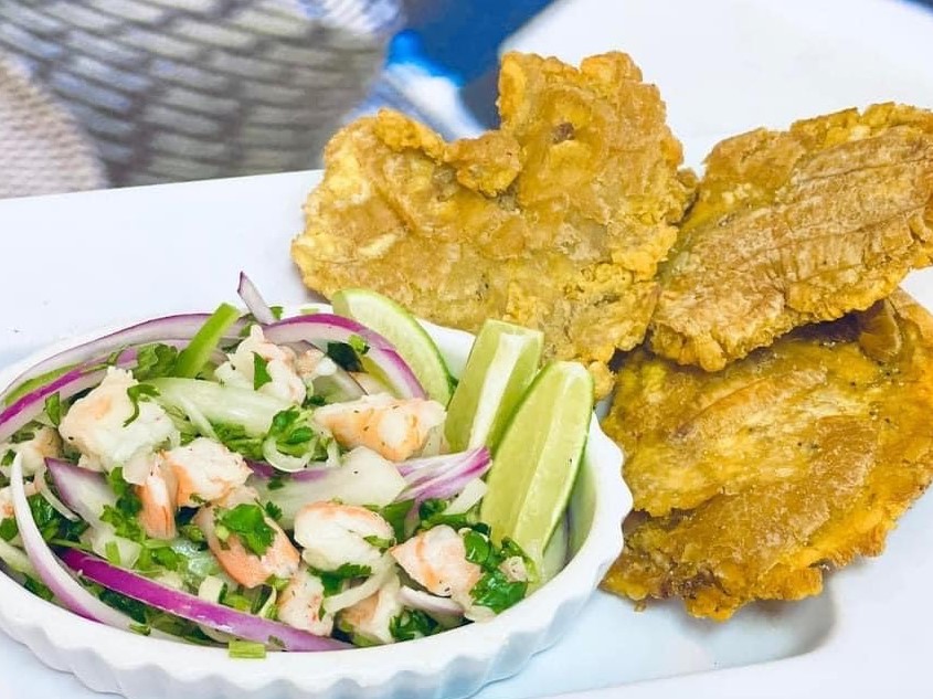 Order Shrimp Ceviche con Tostones food online from Arepa Bar store, Raleigh on bringmethat.com