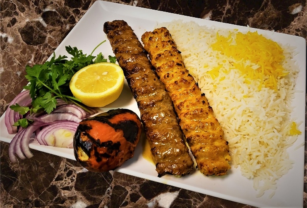 Order Combo Koobideh Kabab چلوکباب کوبیده مرغ و گوشت food online from Kourosh Restaurant store, Woodland Hills on bringmethat.com