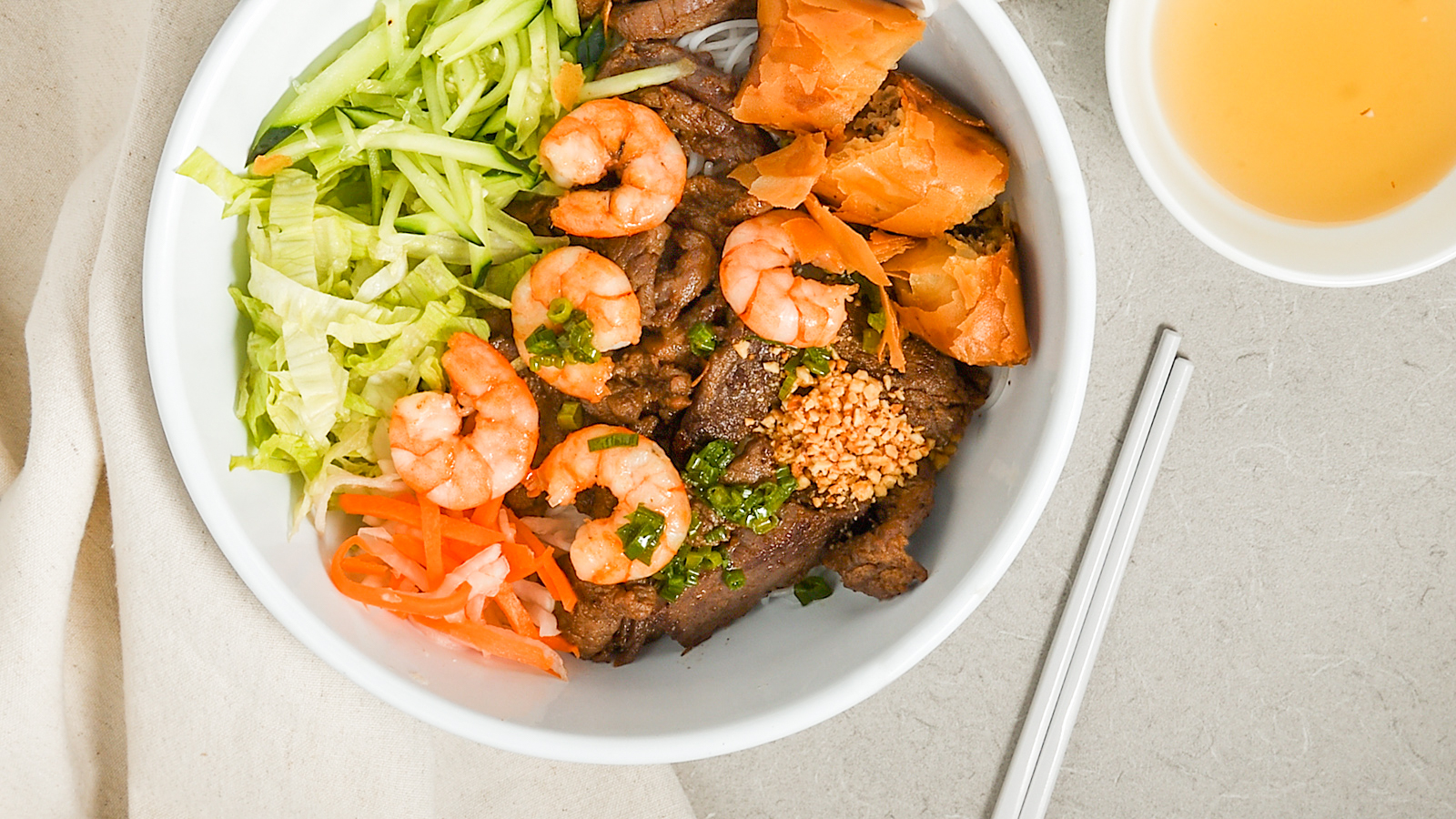 Order VERMICELLI: BÚN TÔM THỊT NƯỚNG CHẢ GIÒ food online from Pho Dinh Vietnamese Cuisine store, Austin on bringmethat.com
