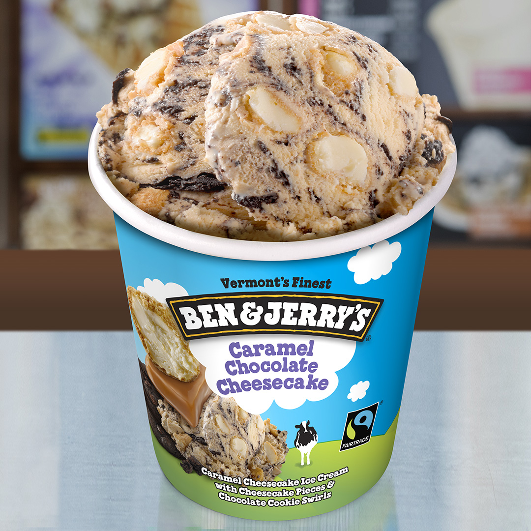 Order Caramel Chocolate Cheesecake Pre-Packaged Pint food online from Ben & Jerry store, Manchester on bringmethat.com