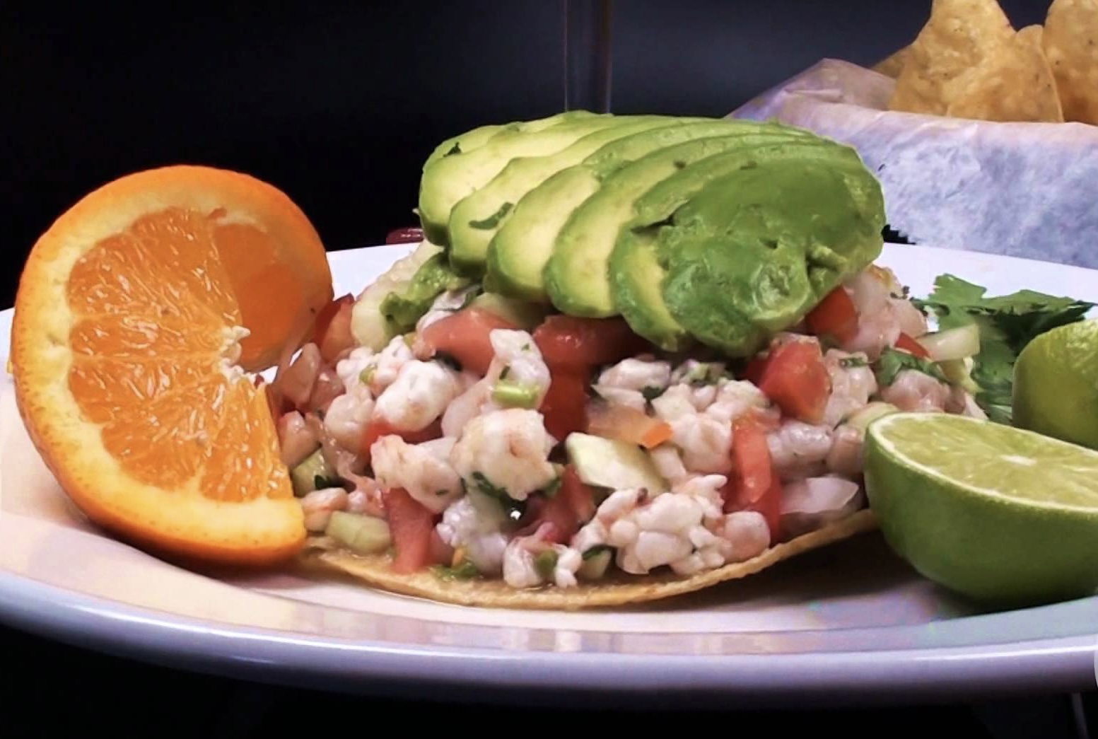 Order Shrimp ceviche tostada  food online from Armando Mexican Food store, Oceanside on bringmethat.com