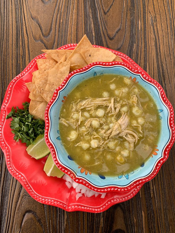 Order Green Chicken Pozole Soup food online from Cervantes Mexican Kitchen store, Anaheim on bringmethat.com
