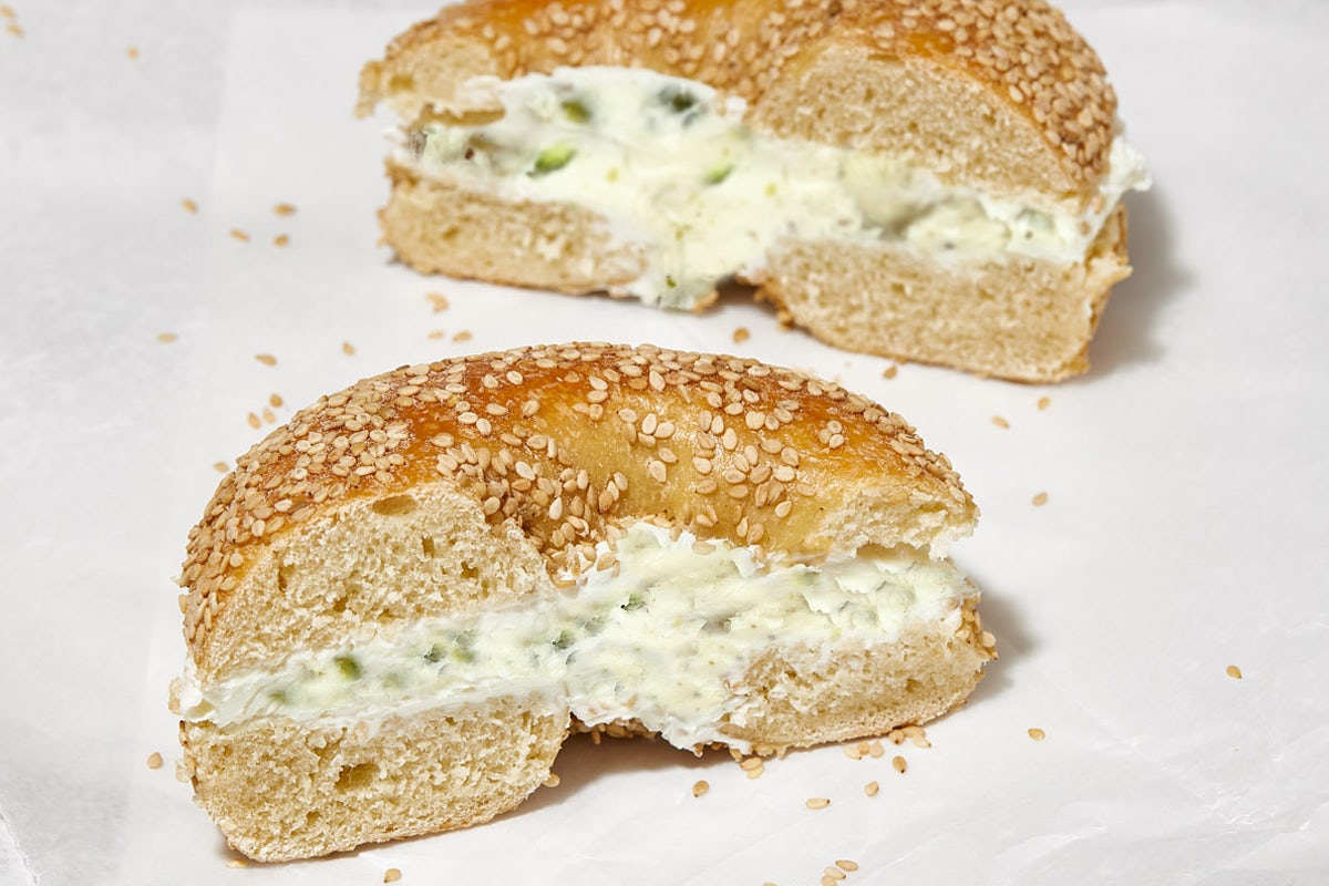 Order Bagel with Pistachio Honey Cream Cheese food online from Spread Bagelry store, Philadelphia on bringmethat.com