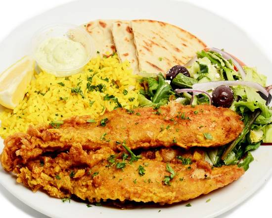 Order Beer Battered Fish Plate food online from George's Greek Grill-Fig at 7th store, Los Angeles on bringmethat.com