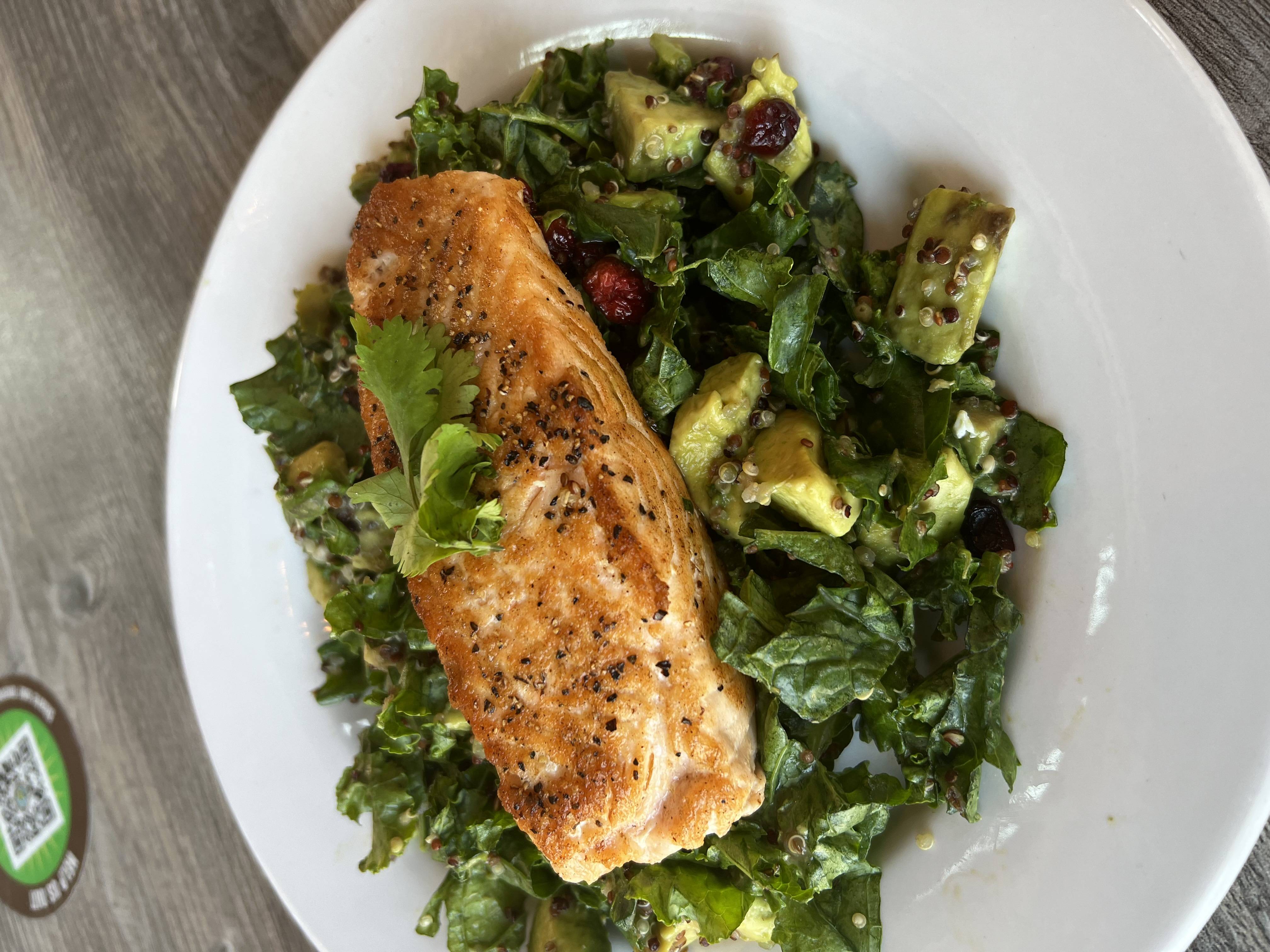 Order Grilled Salmon Kale Salad food online from Avocado Theory Express store, Tinley Park on bringmethat.com
