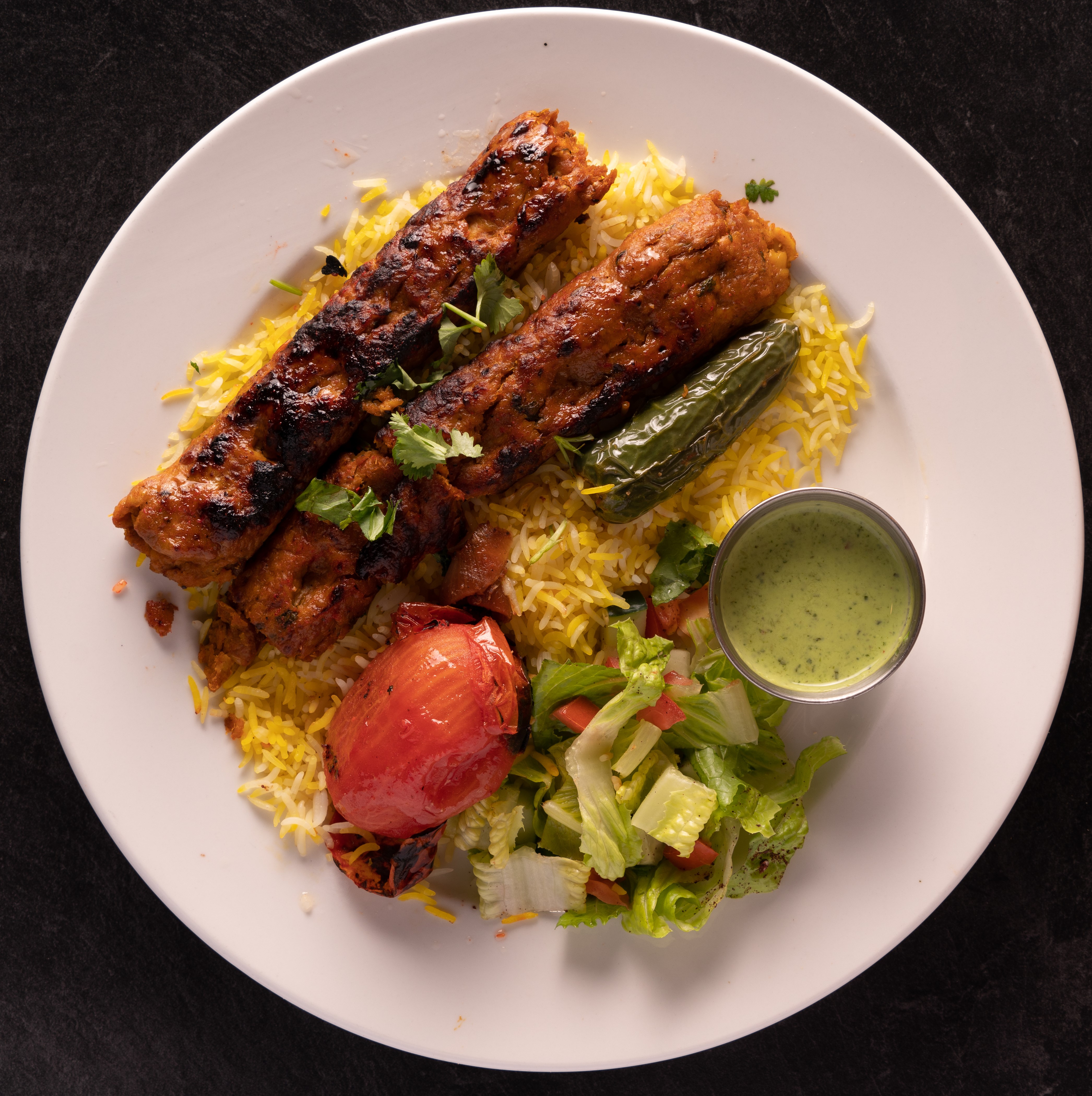 Order Chicken Seekh Kabob Plate (2 pcs) food online from Jasmine Fusion Grill store, Columbus on bringmethat.com