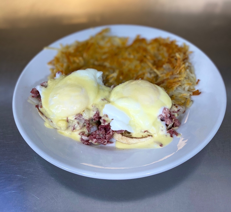 Order HOMEMADE CORNED BEEF HASH BENNY food online from The Point Pancake House store, Gurnee on bringmethat.com