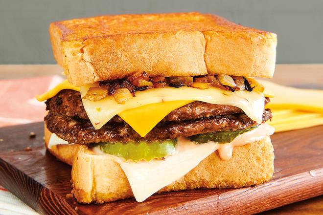 Order Cheesy Lover’s Burger Melt – Double food online from Farmer Boys Restaurant store, Los Angeles on bringmethat.com