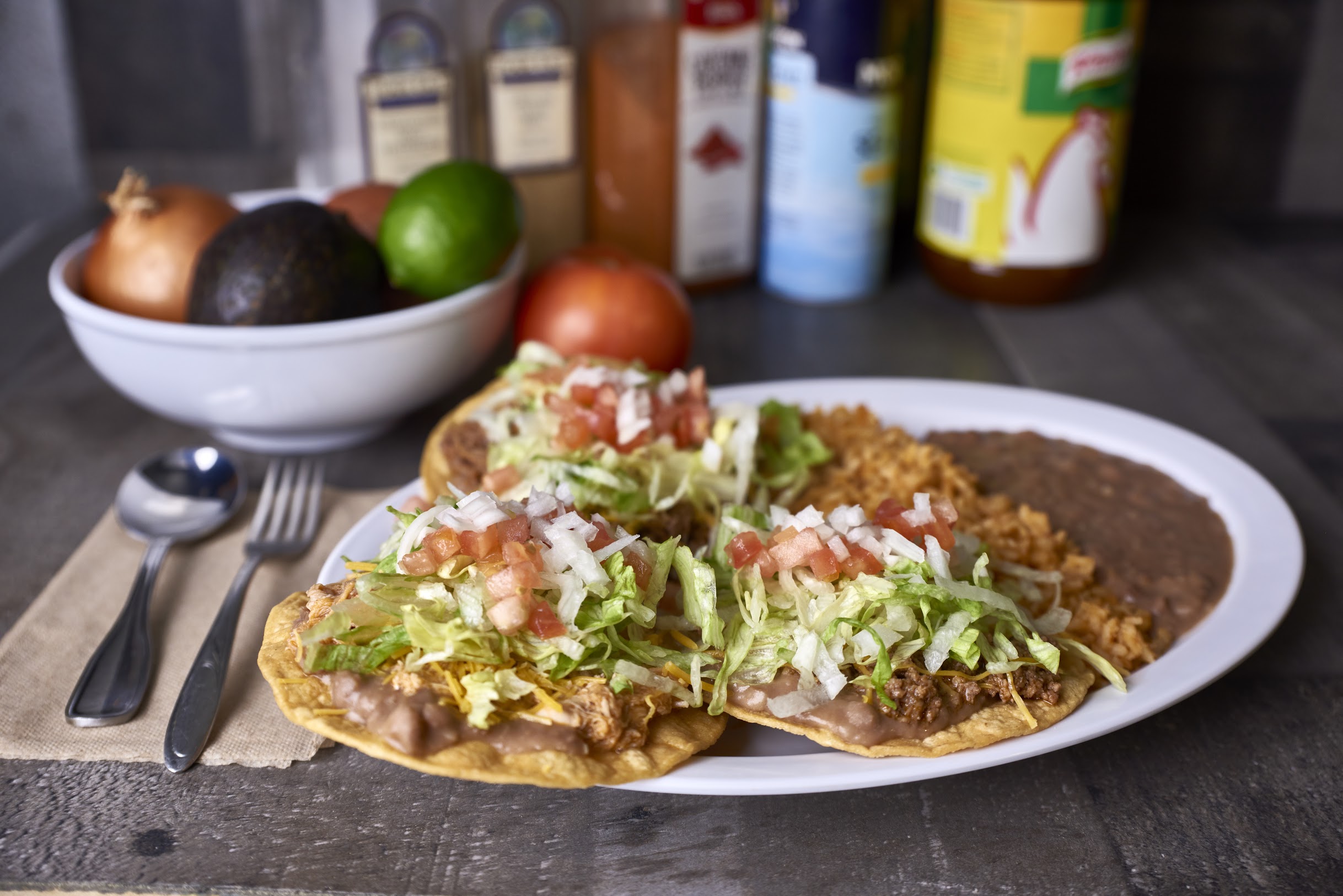 Order Tostadas Dinner (Frioles and Carne) food online from Mexico 2 Go store, Lansing on bringmethat.com