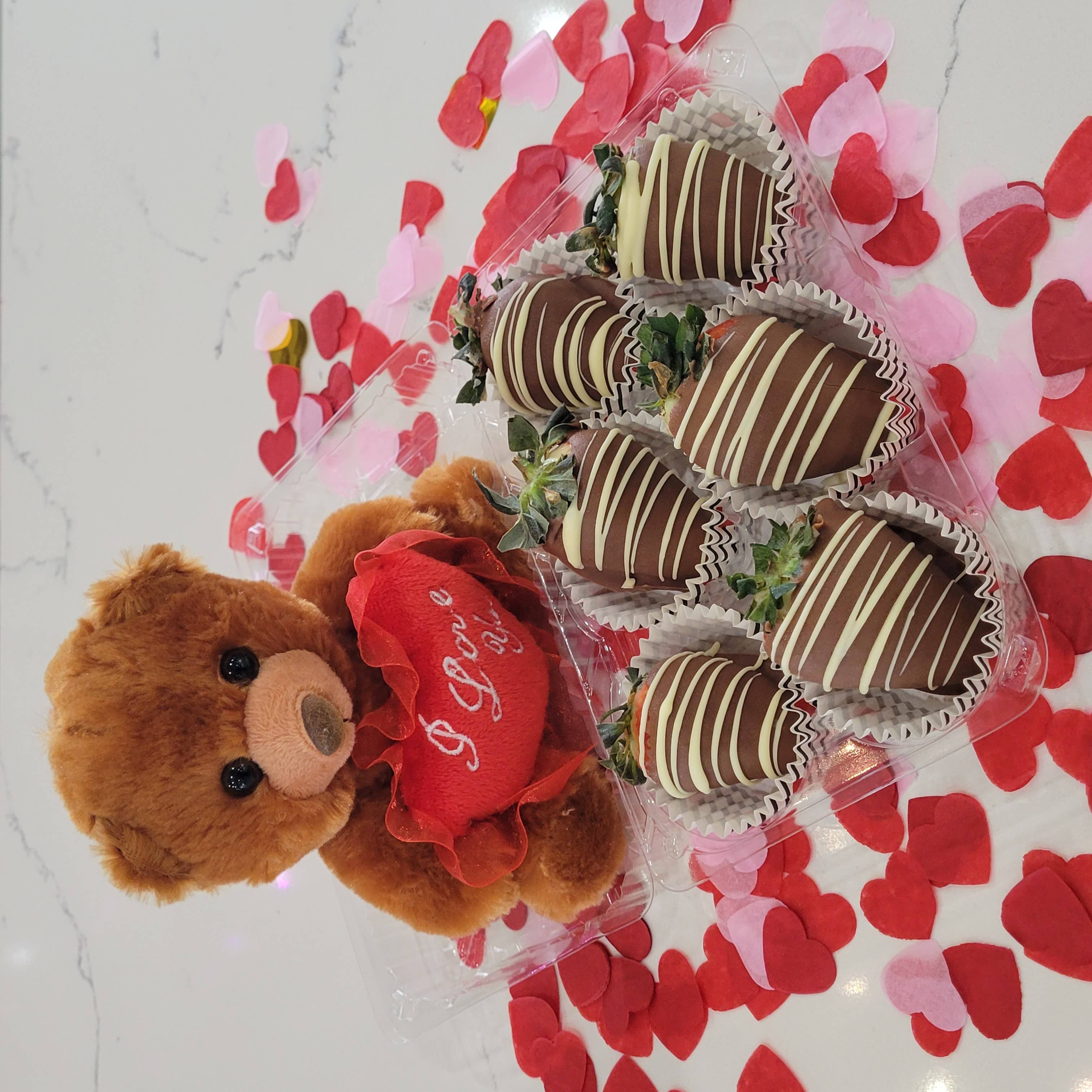 Order 6 Valentine's Strawberries & Teddy Bear food online from Sleek Chocolate store, Houston on bringmethat.com