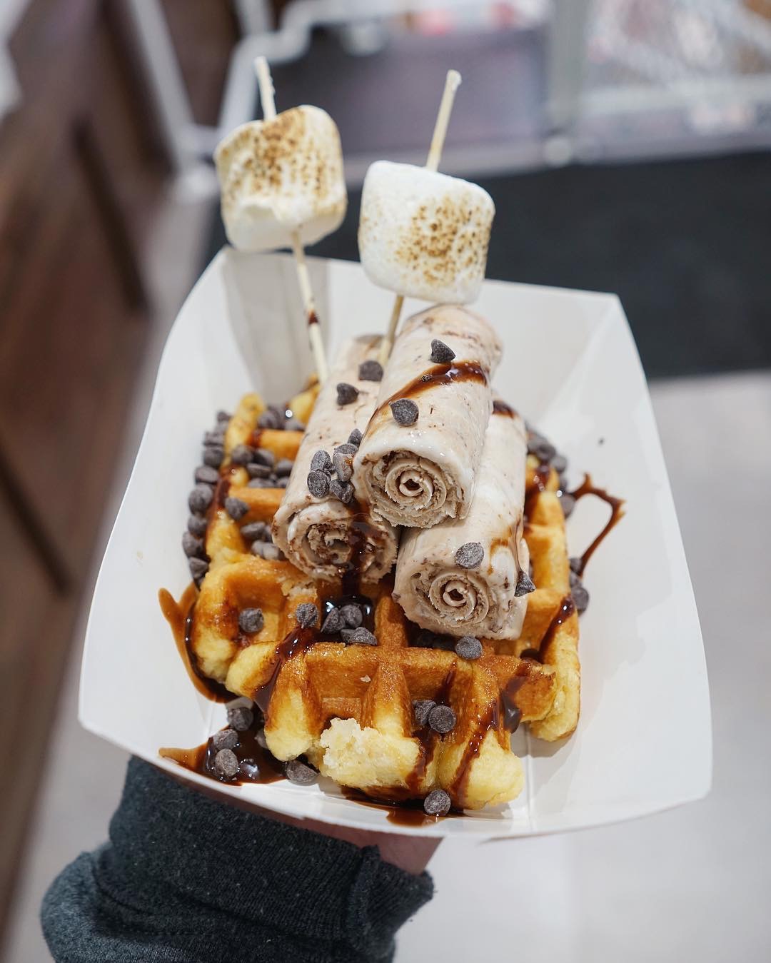 Order Warm Liege Waffle with 3 Rolls of Ice Cream food online from Sweet Charlie's Hand Rolled Ice Cream store, Durham on bringmethat.com