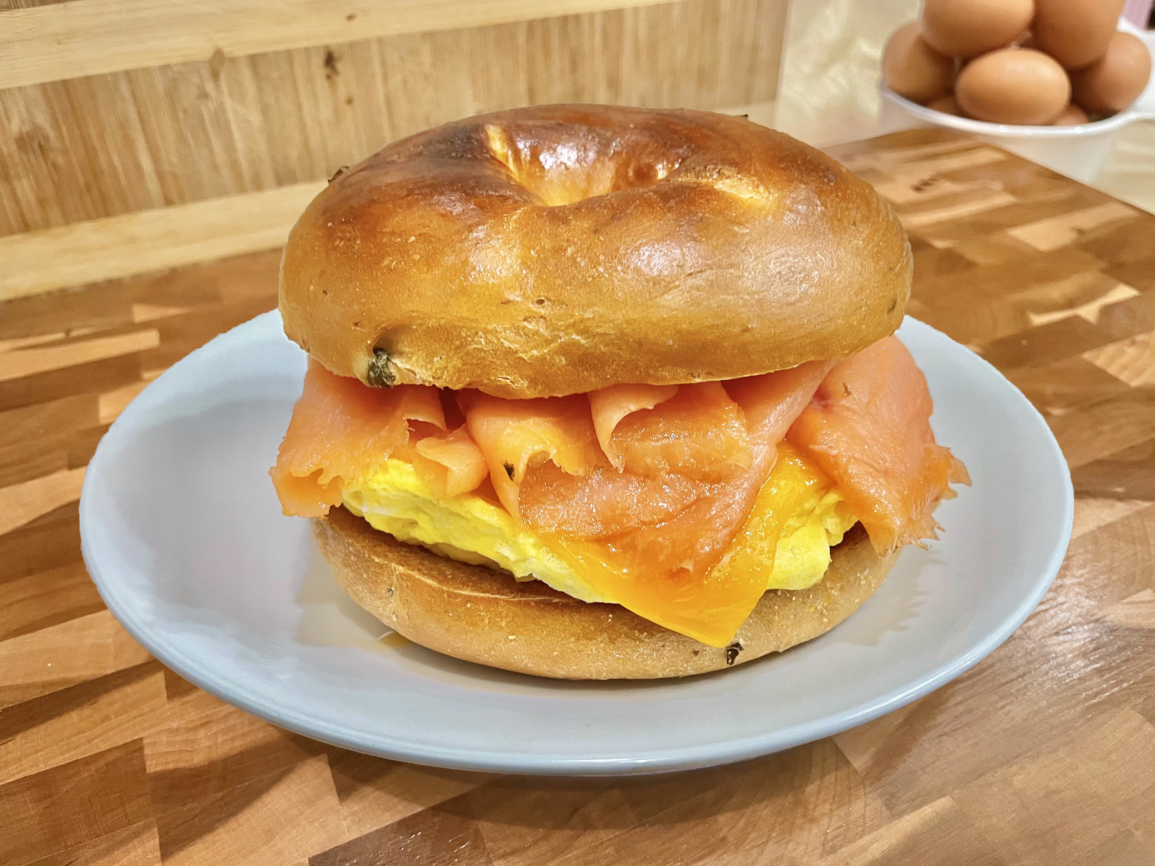 Order Bagel with Egg, Cheese and Salmon food online from Glaze Donuts And Bagel Sandwiches store, San Francisco on bringmethat.com